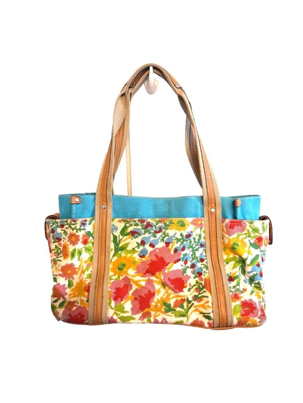 Canvas Strada Floral Purse Shoulder Bag Teal Multi Color Pockets Cotton Tote